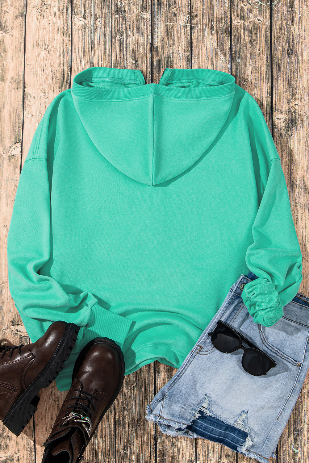 Smoke Green Solid Kangaroo Pocket Half Zipper Oversized Hoodie