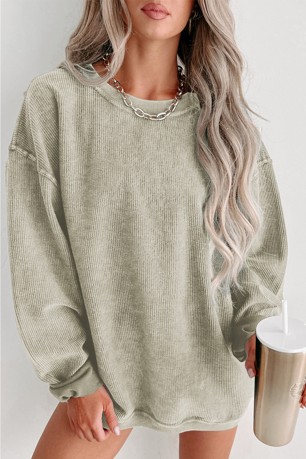 Pink Solid Ribbed Knit Round Neck Pullover Sweatshirt